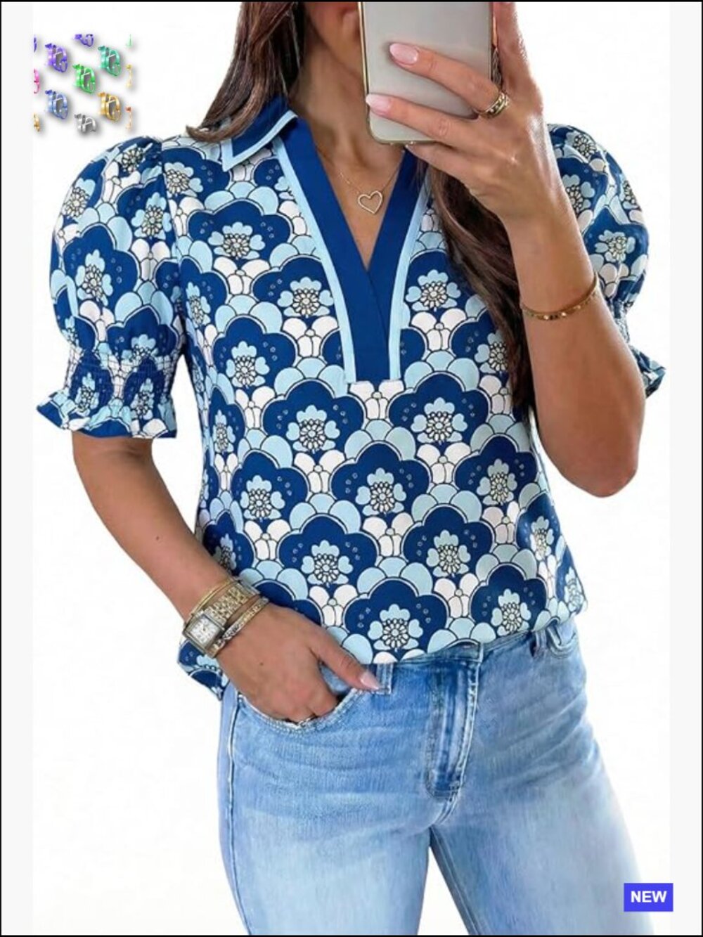 Floral Puff Sleeve Blouse V Neck Collared Loose Fit Bohemian Summer Top